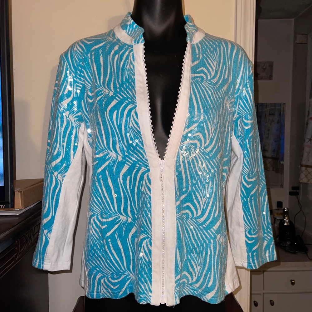 berek White and Turquoise Zebra Print Sequin Jacket